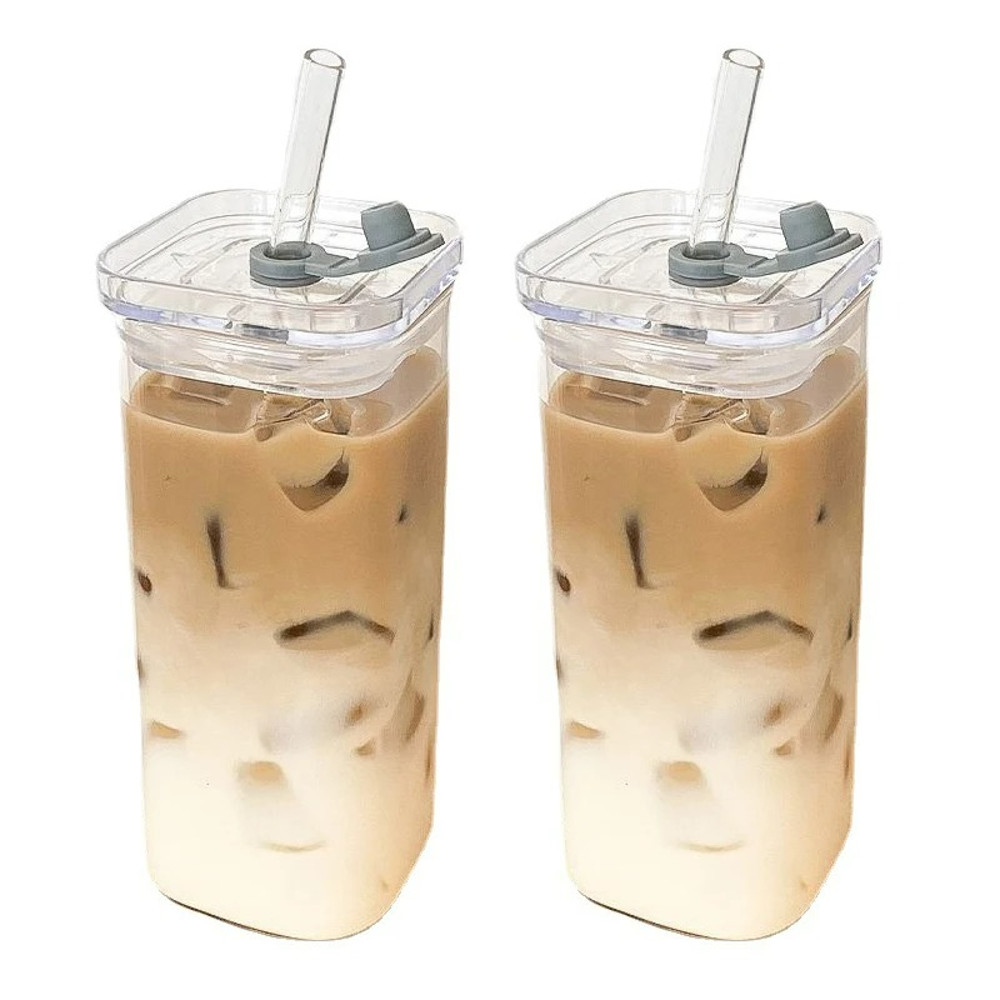 Square HeatResistant Coffee Glass Cup with Lid  Straw Transparent Milk Tea Juice Cups for Home B