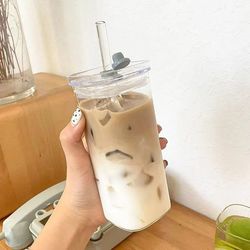square heat-resistant coffee glass cup with lid & straw, transparent milk tea, juice cups for home bar & coffee lovers