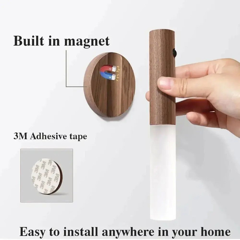 Creative Intelligent Auto PIR Motion Sensor LED Rechargeable Magnetic Night Light Wood Wall Light F 2