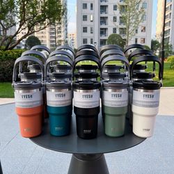 vacuum flask car water bottle, 304 stainless steel coffee cup with leak-proof lid, handle & non-slip base