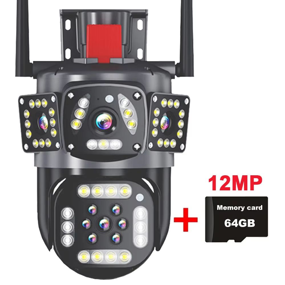 6K 12MP WiFi Surveillance Camera Outdoor Triple Lens Triple Screen PTZ Motion Detection IP Security 12