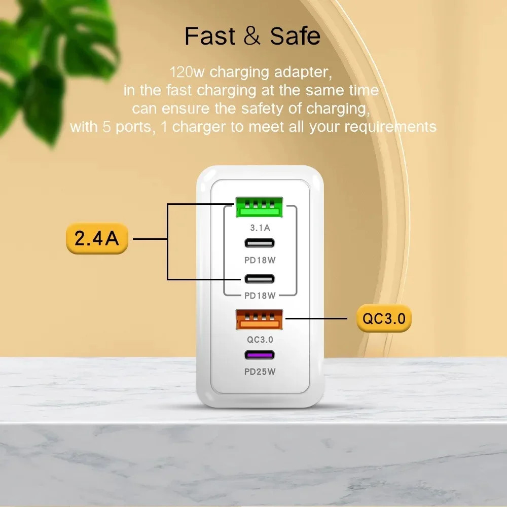 120W USB Fast Charging Charger For Phone Type C Mobile Phone Wall Adapter Quick Charge Power Plug F 1