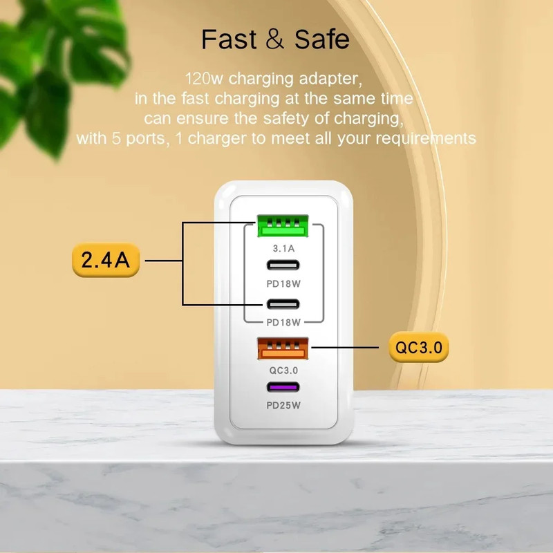 120W USB Fast Charging Charger For Phone Type C Mobile Phone Wall Adapter Quick Charge Power Plug F 1