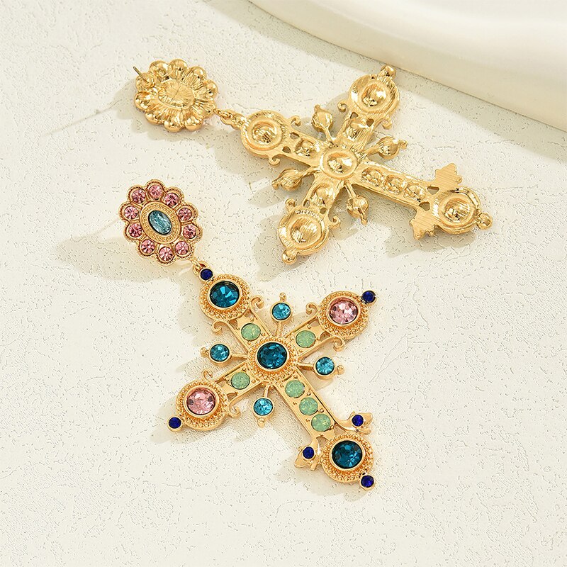 Gothic Byzantine Style Earrings, Art Large Long Earrings Woman's, Vintage Cross Dangle Stud, Exquisite Jewelry Gift