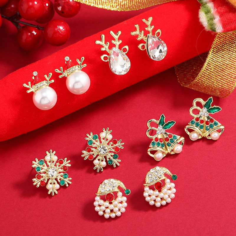 Pearl Snowflake Bell Elk Christmas Jewelry Accessories, New Trendy Rhinestone Imitation Christmas Hat Stud Earrings