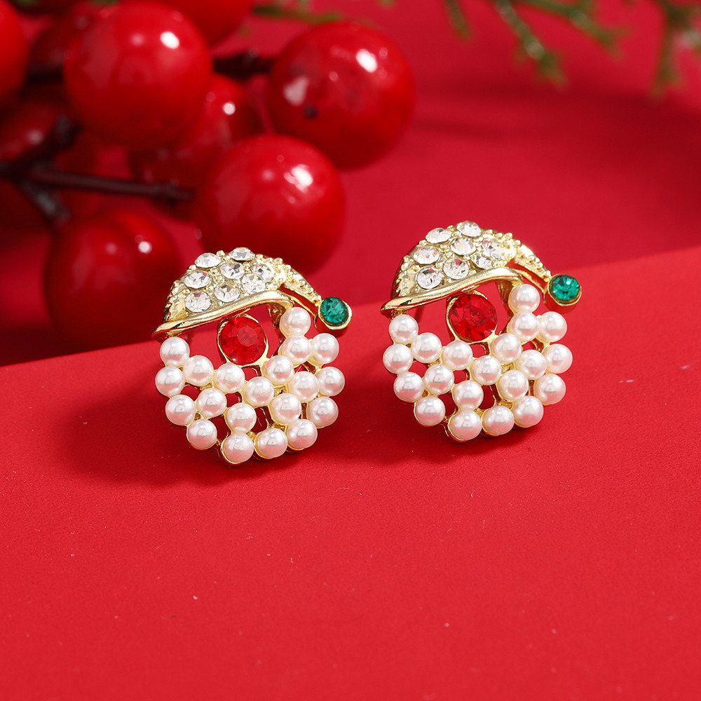 Pearl Snowflake Bell Elk Christmas Jewelry Accessories, New Trendy Rhinestone Imitation Christmas Hat Stud Earrings
