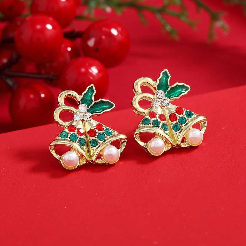 Pearl Snowflake Bell Elk Christmas Jewelry Accessories, New Trendy Rhinestone Imitation Christmas Hat Stud Earrings