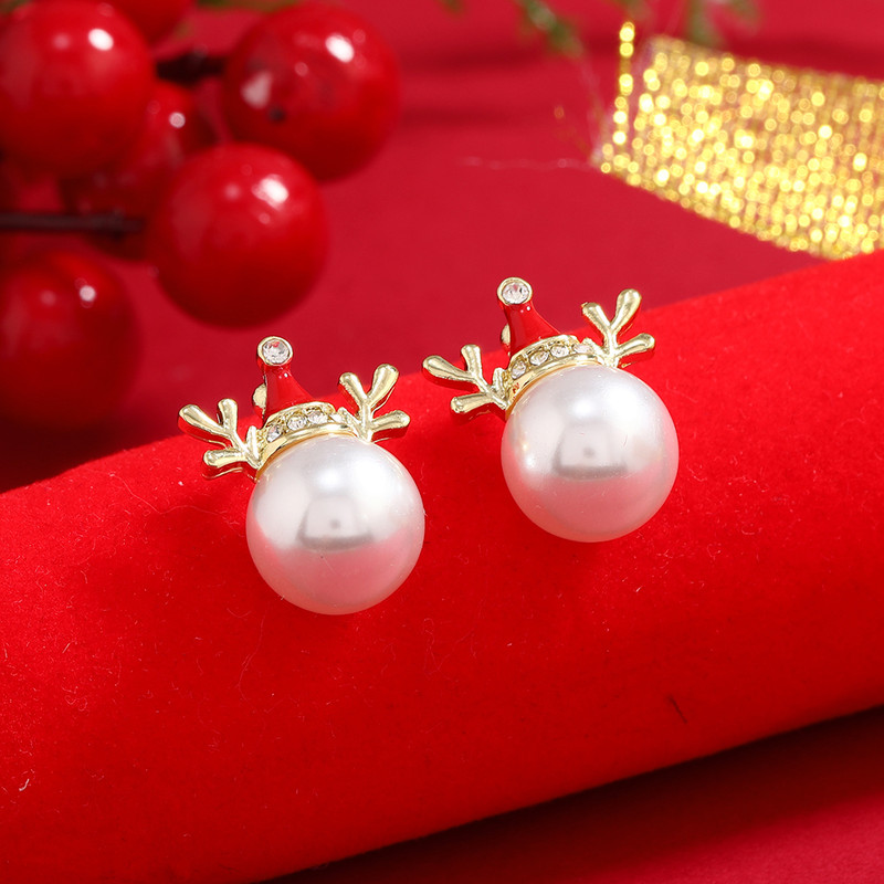 Pearl Snowflake Bell Elk Christmas Jewelry Accessories, New Trendy Rhinestone Imitation Christmas Hat Stud Earrings