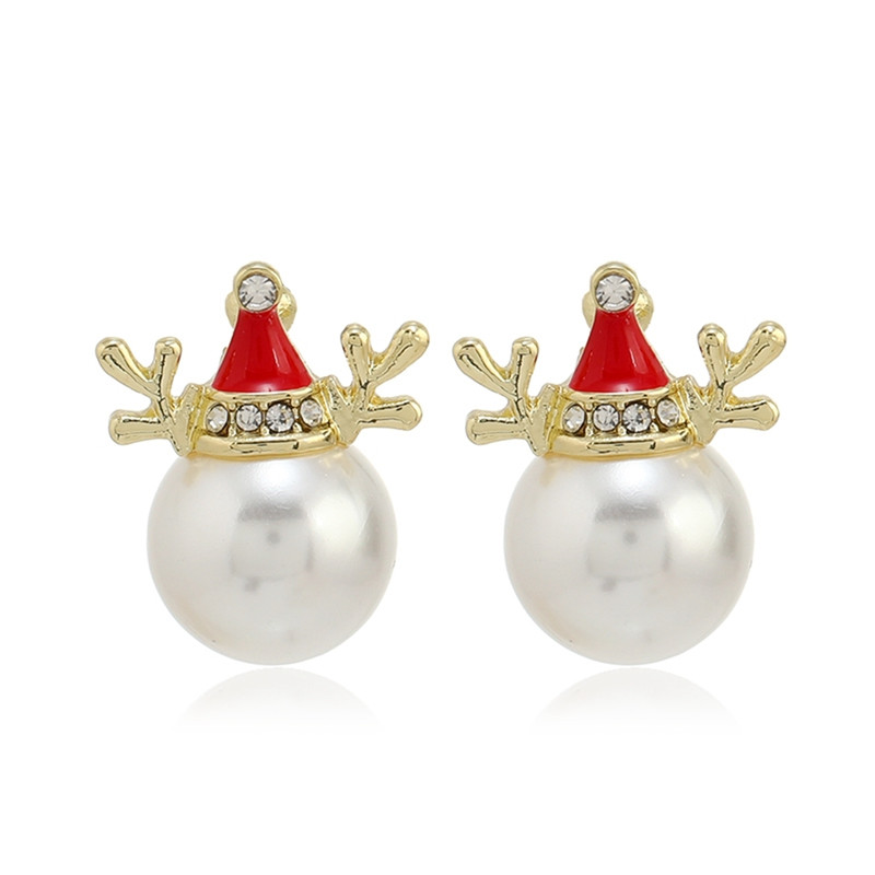 Pearl Snowflake Bell Elk Christmas Jewelry Accessories, New Trendy Rhinestone Imitation Christmas Hat Stud Earrings