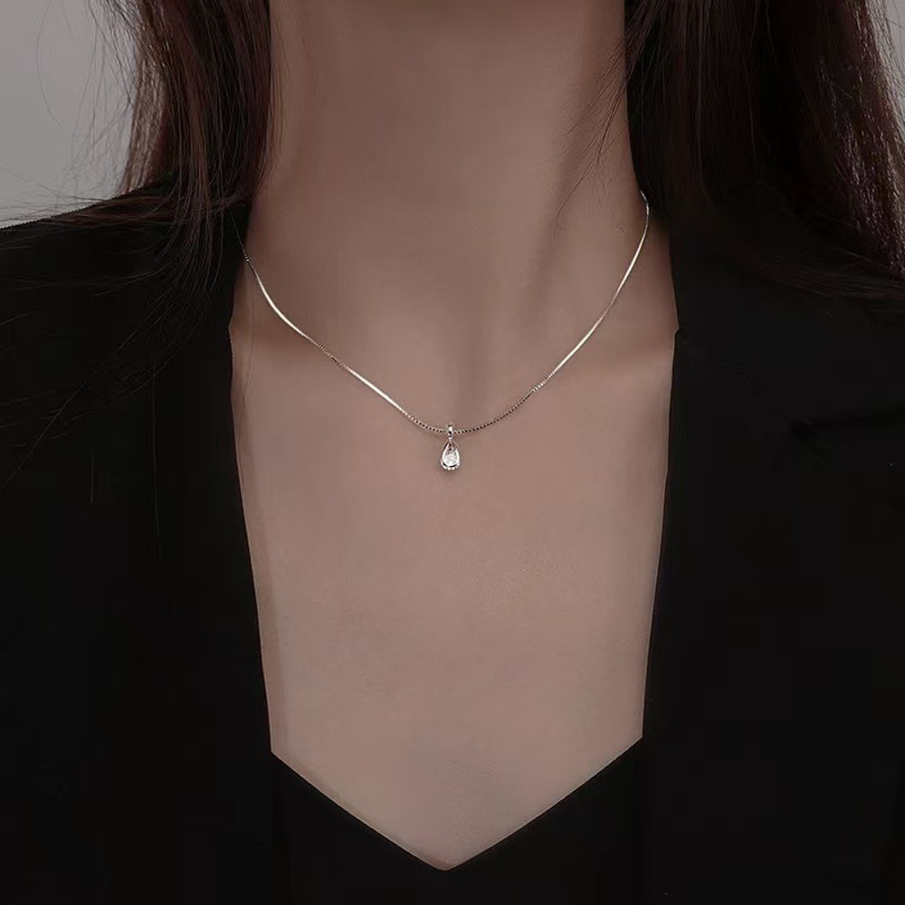 Minimalist Water Droplet Necklace For Women, Sterling Silver Zircon Jewelry, Shimmering Geometric Collarbone Chain