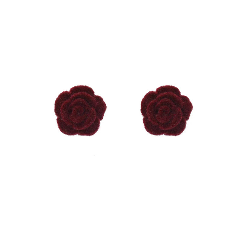 Wine Red Flower Earring Elegant, Simple Vintage Flocked Rose Stud Earrings For Women, Silver Needle Christmas Jewelry
