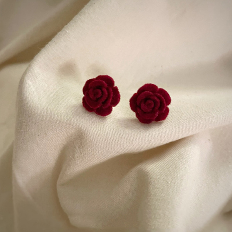 Wine Red Flower Earring Elegant, Simple Vintage Flocked Rose Stud Earrings For Women, Silver Needle Christmas Jewelry