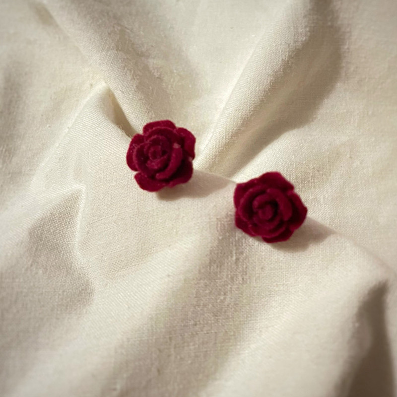 Wine Red Flower Earring Elegant, Simple Vintage Flocked Rose Stud Earrings For Women, Silver Needle Christmas Jewelry