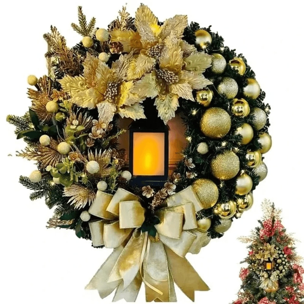 Christmas wreath with large bow and lantern