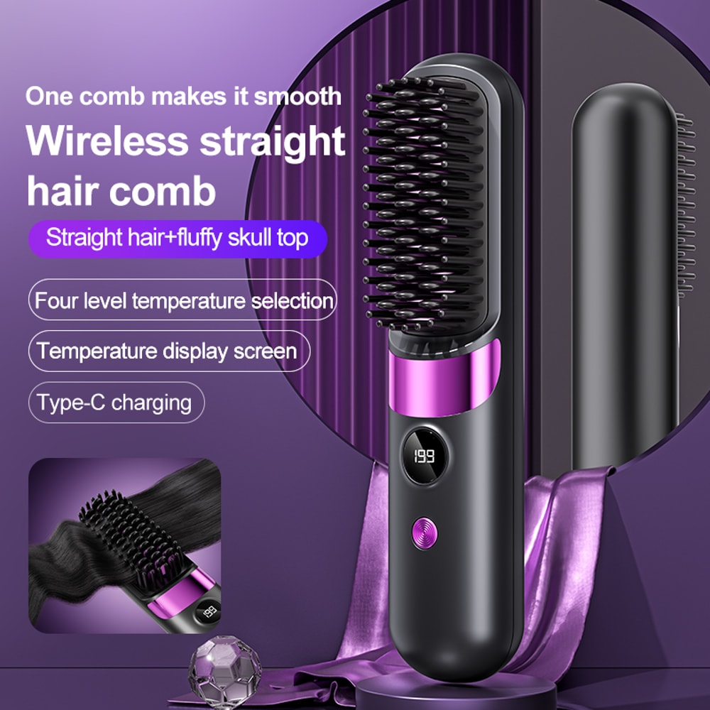 Cordless Hair Straightener Brush Portable Rechargeable Travel Styling Comb With LED Display 1