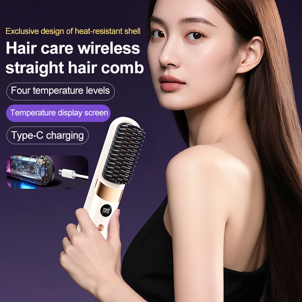 Cordless Hair Straightener Brush Portable Rechargeable Travel Styling Comb With LED Display 3