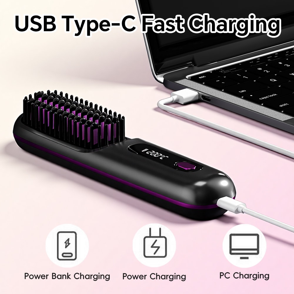 Ionic Hair Straightener Brush with Ceramic Comb Fast Heating Portable Styling Tool