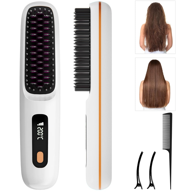 Ionic Hair Straightener Brush with Ceramic Comb Fast Heating Portable Styling Tool