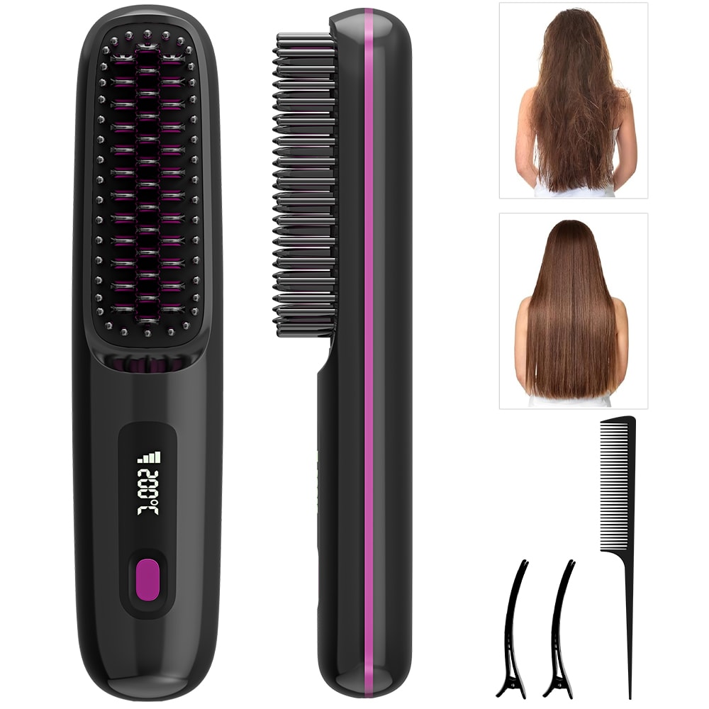 Rechargeable Ionic Hair Straightener Brush Fast Heating Portable Styling Comb 0