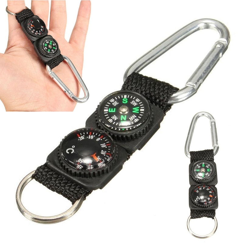 Survival Carabiner Keychain with Compass & Thermometer for Hiking and Camping