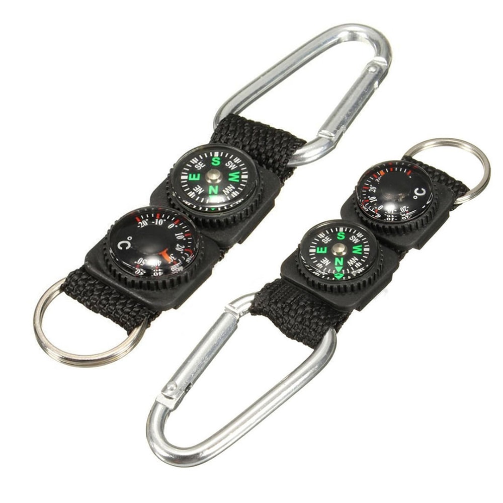 Survival Carabiner Keychain with Compass & Thermometer for Hiking and Camping