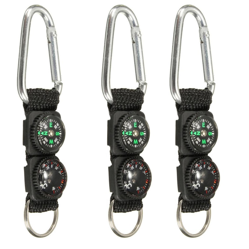 Survival Carabiner Keychain with Compass & Thermometer for Hiking and Camping