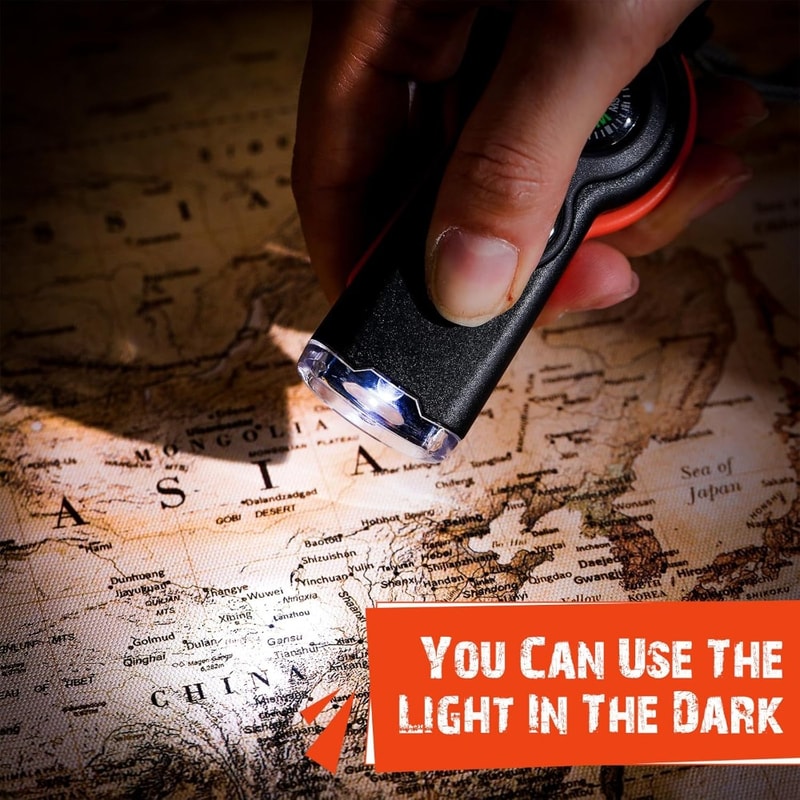 Survival Whistle with Compass Thermometer & LED Flashlight for Outdoor Safety