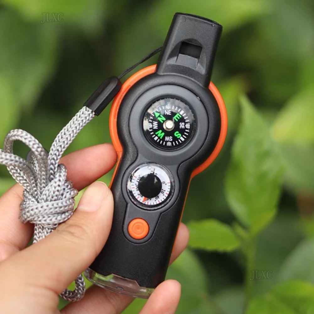 Survival Whistle with Compass Thermometer & LED Flashlight for Outdoor Safety