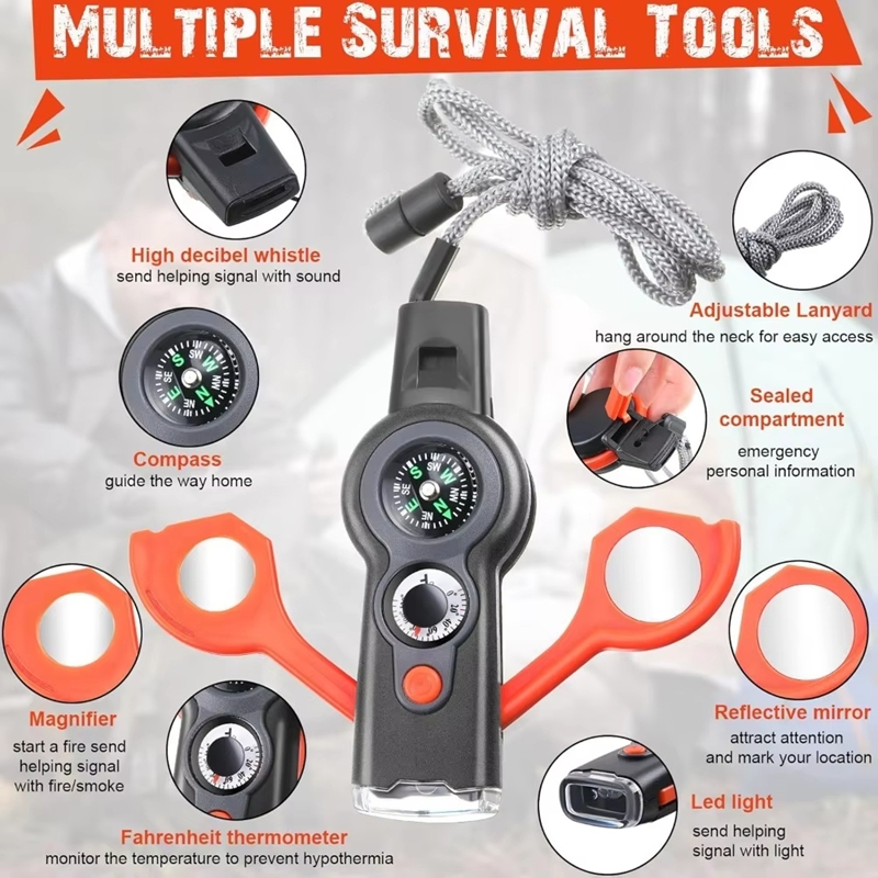 Survival Whistle With Compass Flashlight Thermometer For Outdoor Safety 4