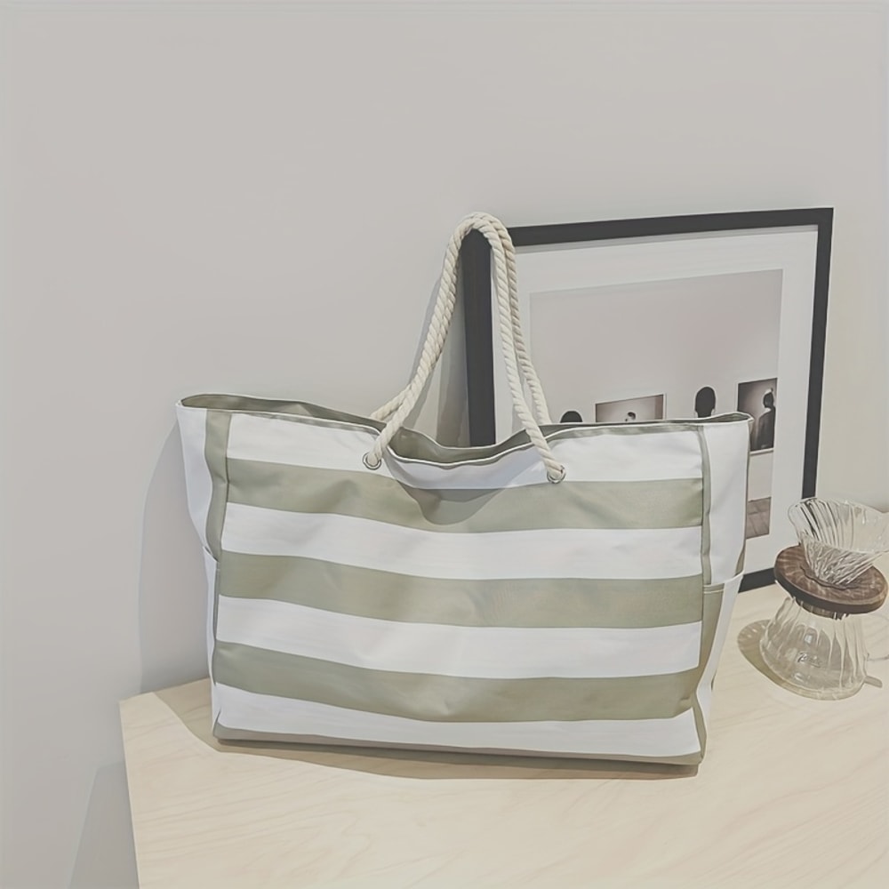 Striped Waterproof Beach Tote Bag Large Capacity Foldable Sandproof Shoulder Bag