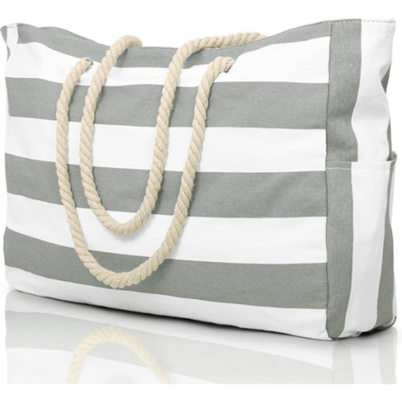 Striped Waterproof Beach Tote Bag Large Capacity Foldable Sandproof Shoulder Bag