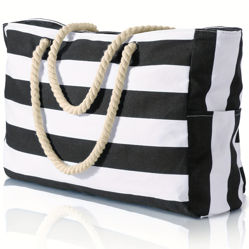 Striped Waterproof Beach Tote Bag Large Capacity Foldable Sandproof Shoulder Bag