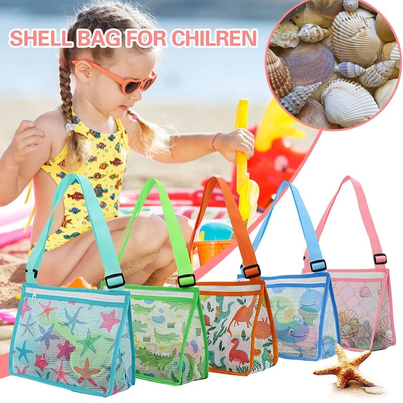 Kids Mesh Beach Bag For Shell Collecting Colorful Lightweight Beach Toy Storage Bag 2