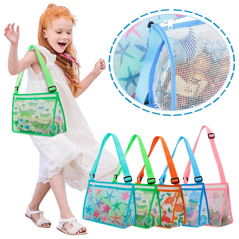 Kids Mesh Beach Bag For Shell Collecting Colorful Lightweight Beach Toy Storage Bag 1