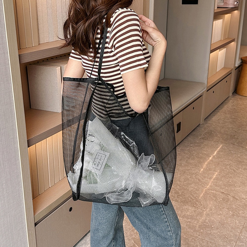 Lightweight Mesh Beach Bag Large Capacity Transparent Tote for Shopping Gym Travel