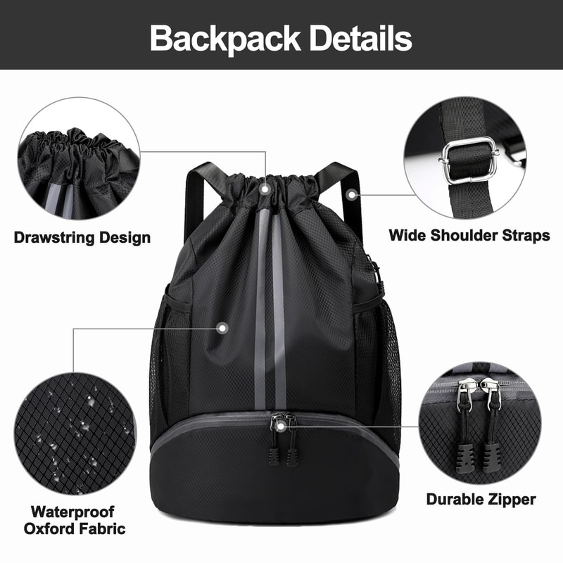 Waterproof Drawstring Gym Backpack With Wet Dry Compartment For Swimming Basketball Fitness 2