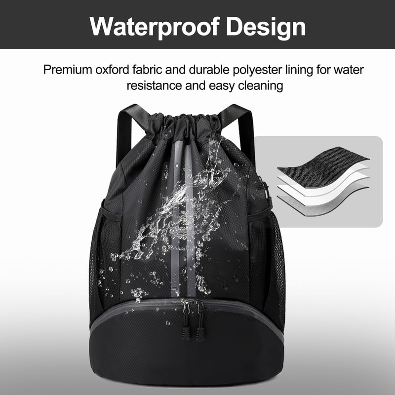 Waterproof Drawstring Gym Backpack With Wet Dry Compartment For Swimming Basketball Fitness 3