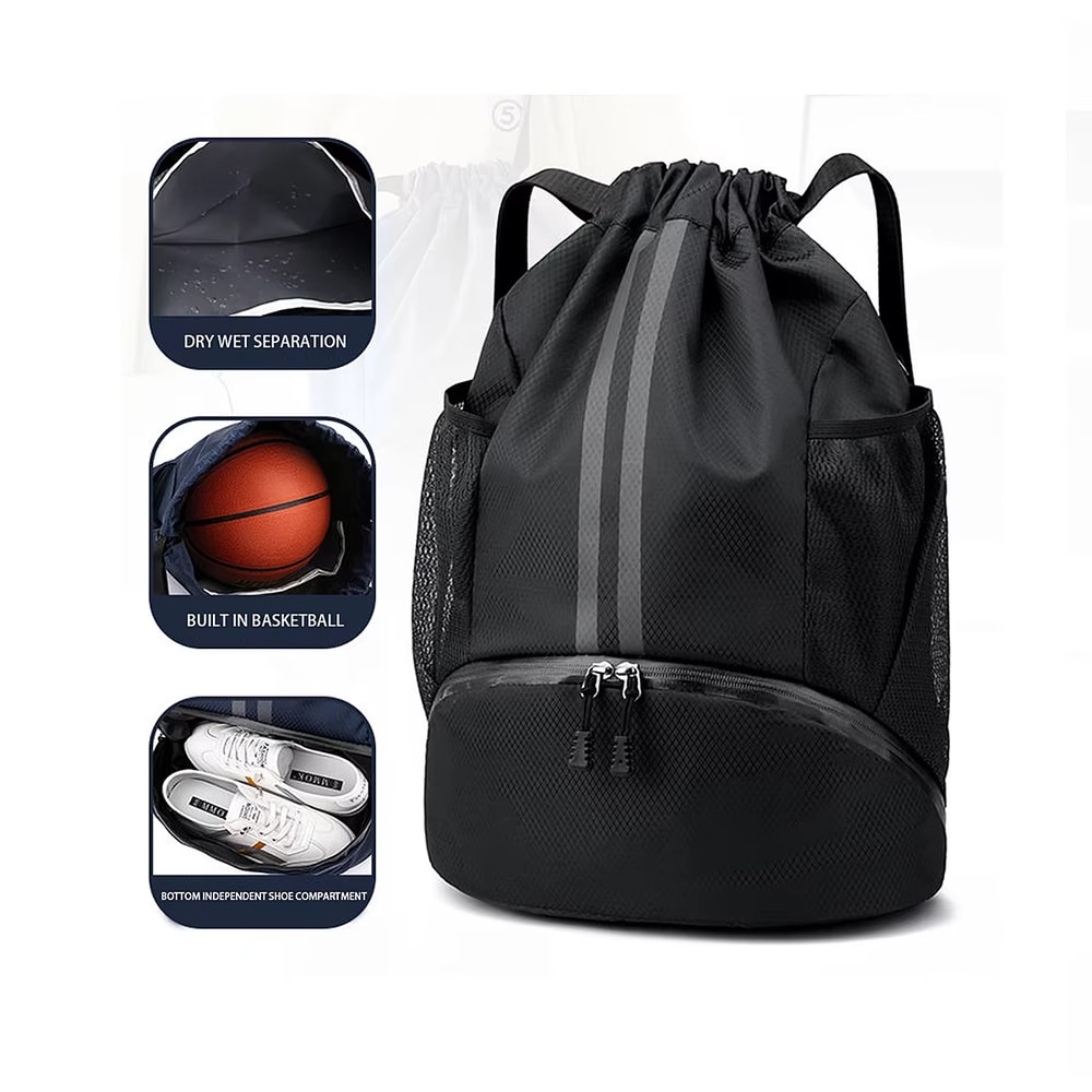 Waterproof Drawstring Gym Backpack With Wet Dry Compartment For Swimming Basketball Fitness 6