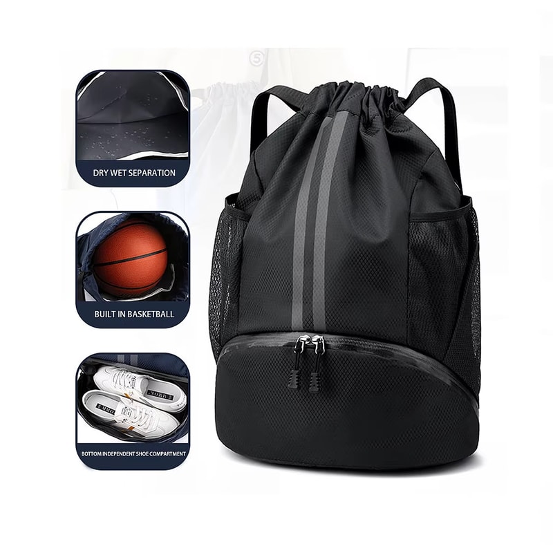 Waterproof Drawstring Gym Backpack With Wet Dry Compartment For Swimming Basketball Fitness 6