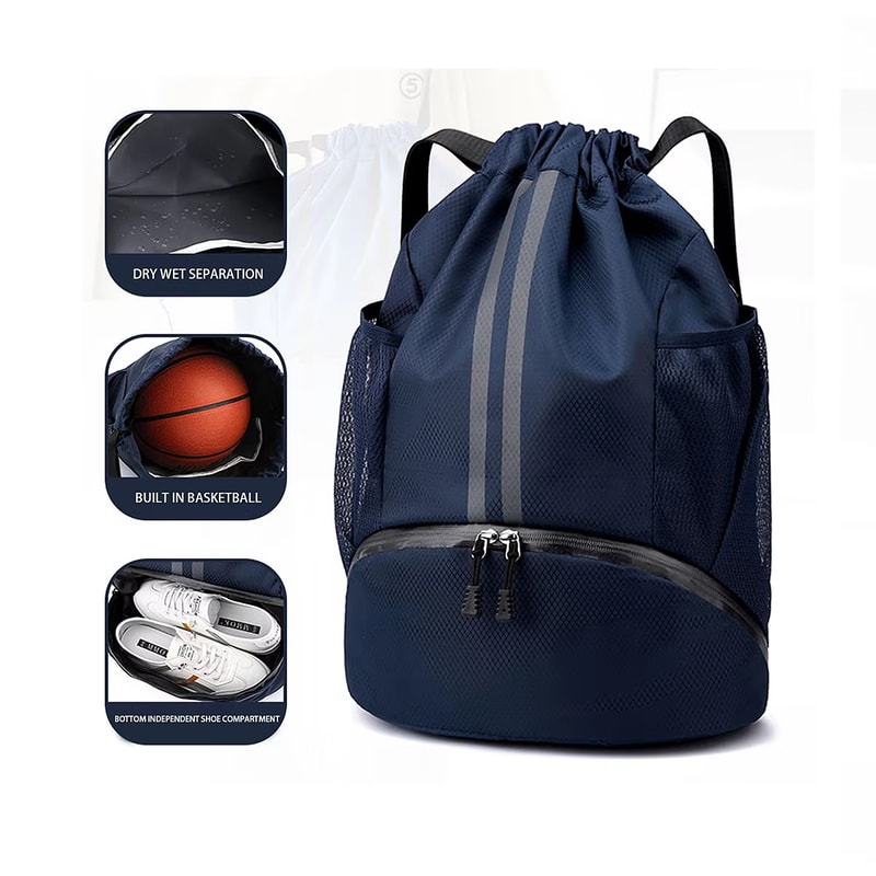 Waterproof Drawstring Gym Backpack With Wet Dry Compartment For Swimming Basketball Fitness 7