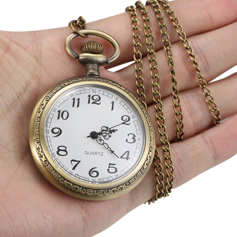 Vintage Roman Numeral Pocket Watch Necklace Quartz Bronze Pendant Timepiece 2