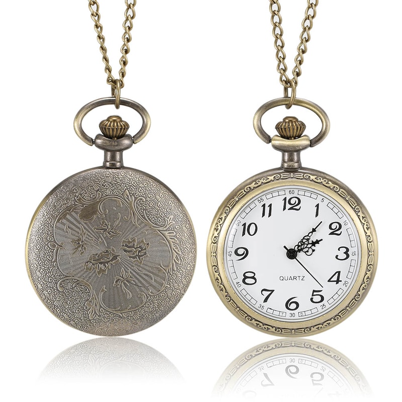 Vintage Roman Numeral Pocket Watch Necklace Quartz Bronze Pendant Timepiece 4