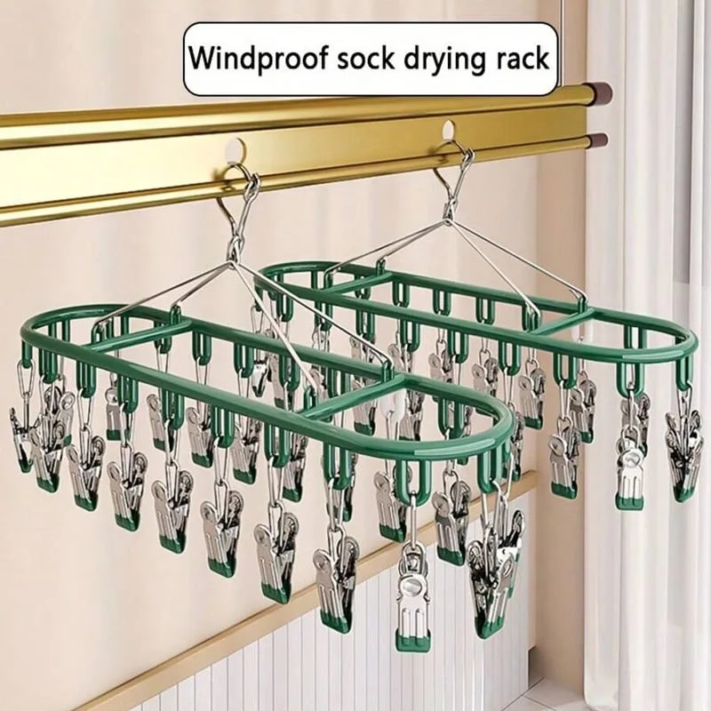 Stainless Steel Sock Drying Rack with Windproof Hooks Portable Clothes Drying Hanger