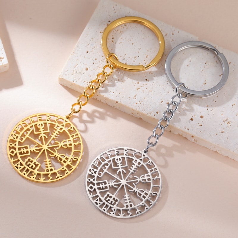 Viking Keychain Stainless Steel Norse Compass Rune Keyring 0