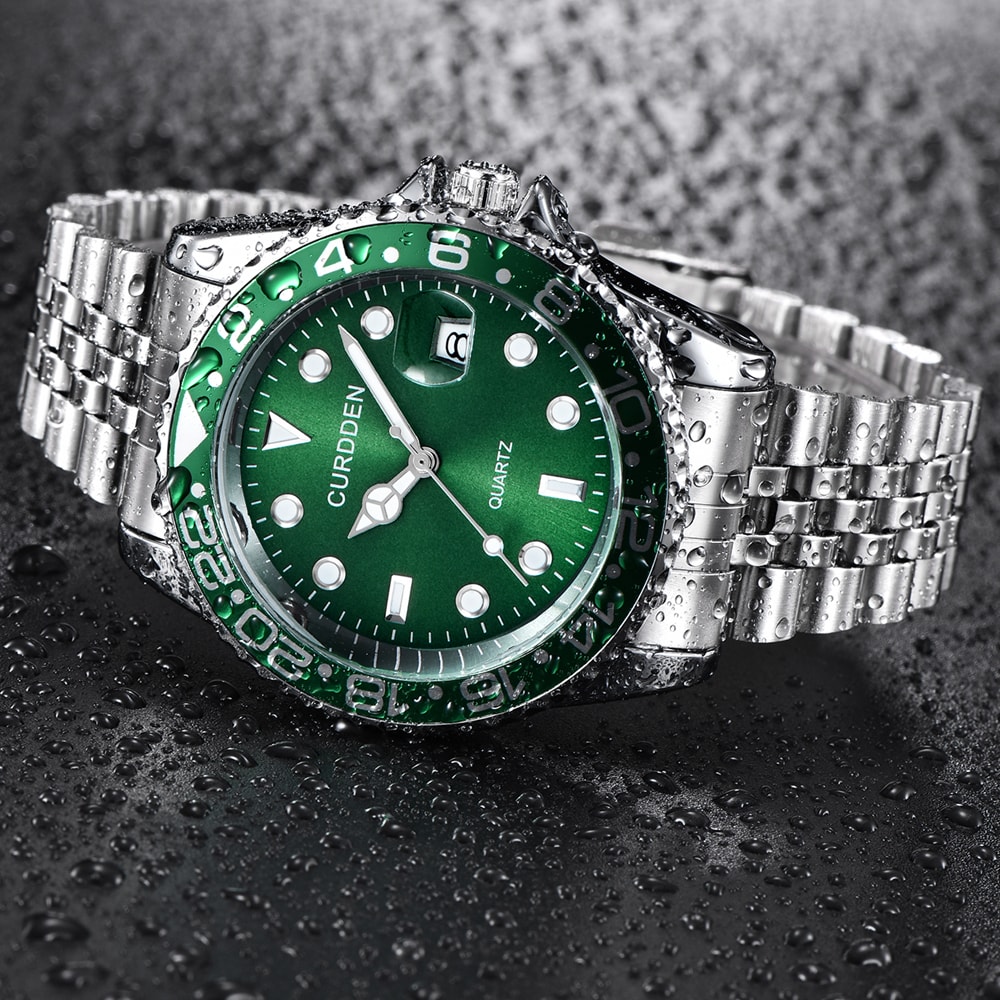 Mens Stainless Steel Quartz Watch Casual Fashion Calendar Wristwatch Green Dial 2