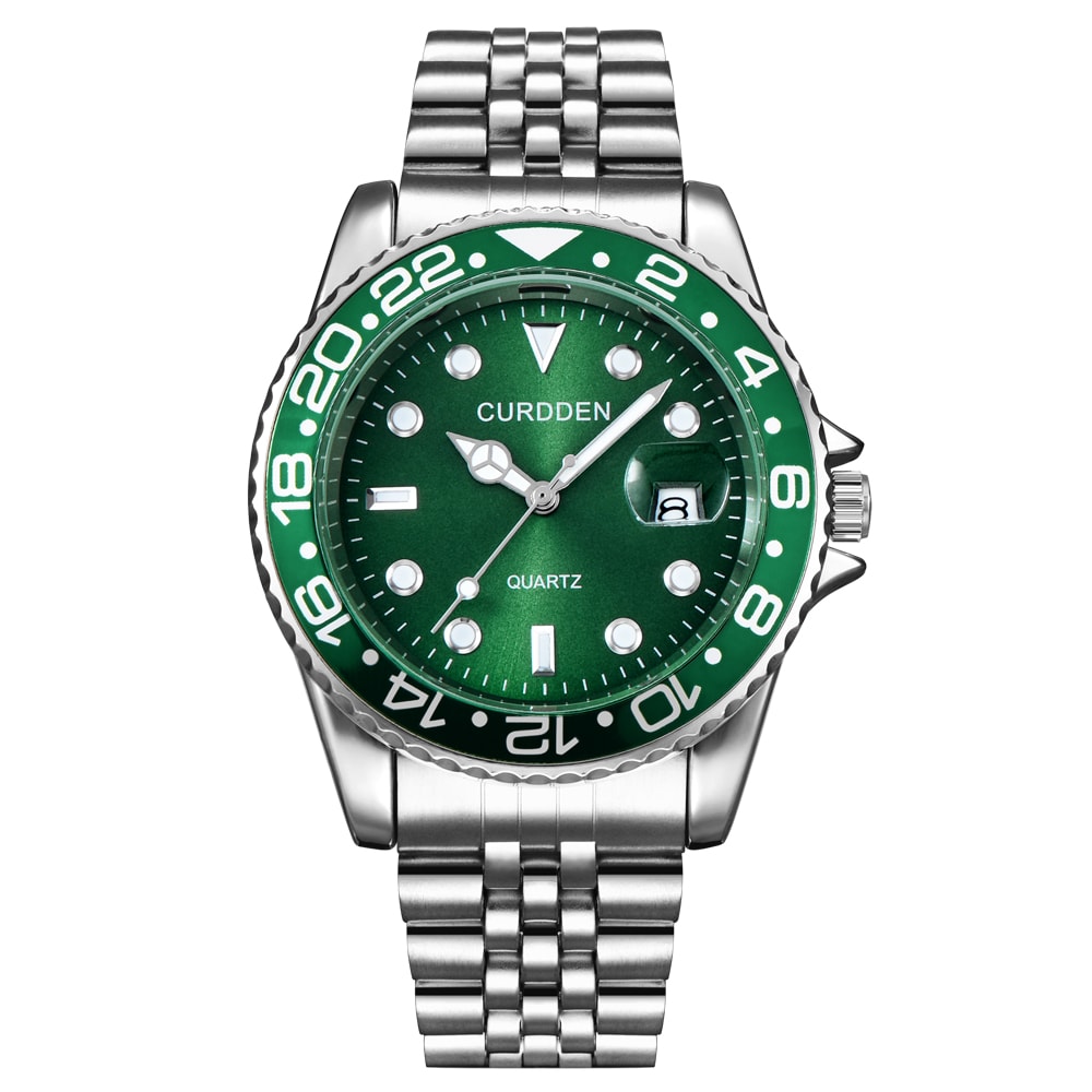 Mens Stainless Steel Quartz Watch Casual Fashion Calendar Wristwatch Green Dial 4