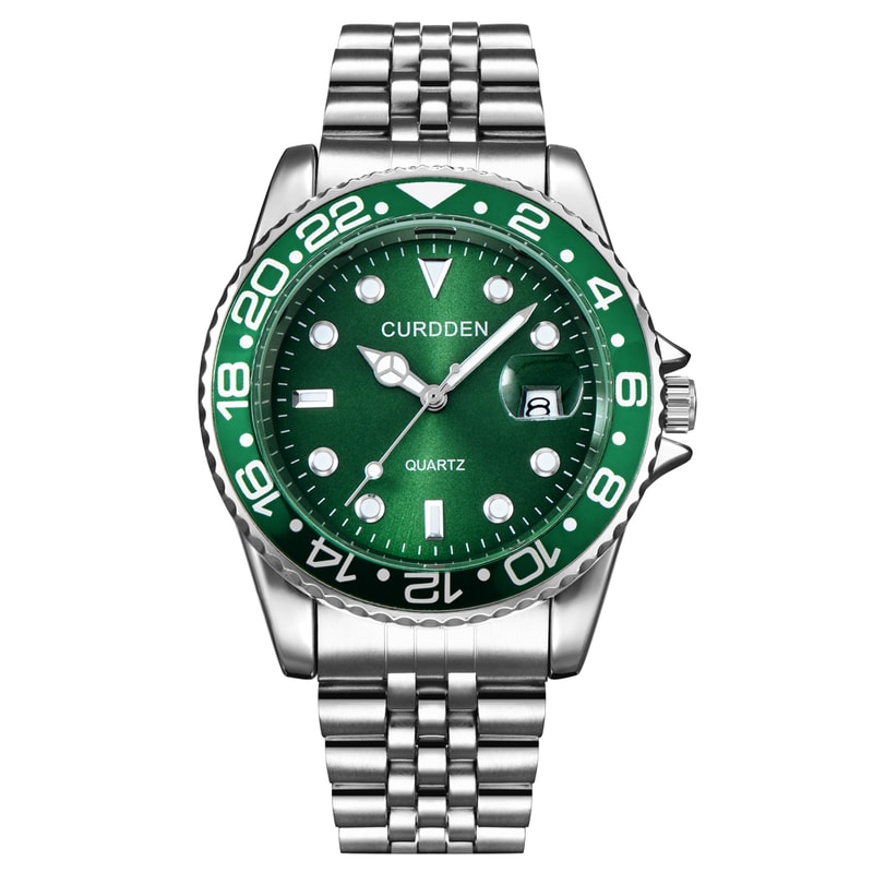 Mens Stainless Steel Quartz Watch Casual Fashion Calendar Wristwatch Green Dial 4