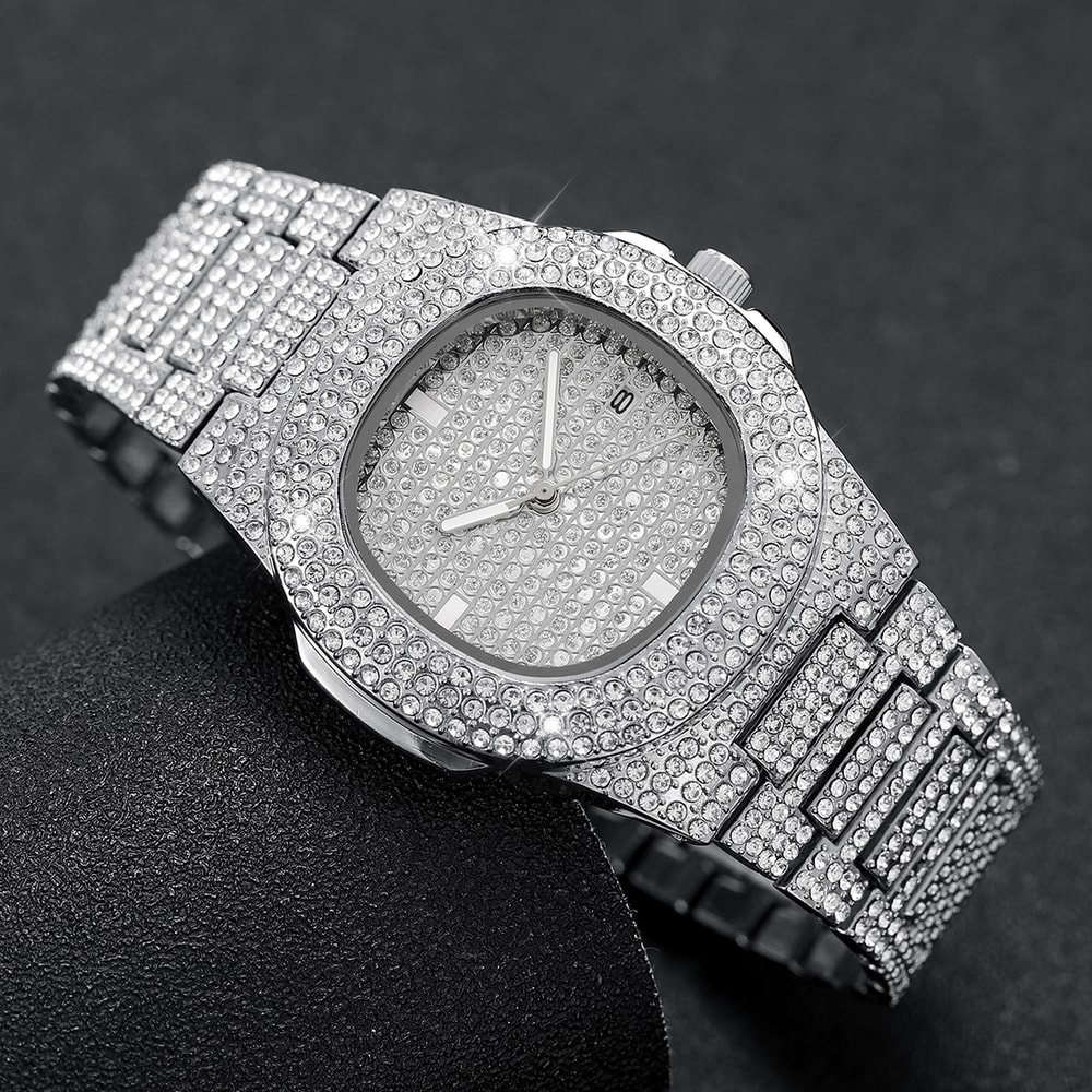 Luxury Diamond Stainless Steel Quartz Watch For Men With Calendar 1