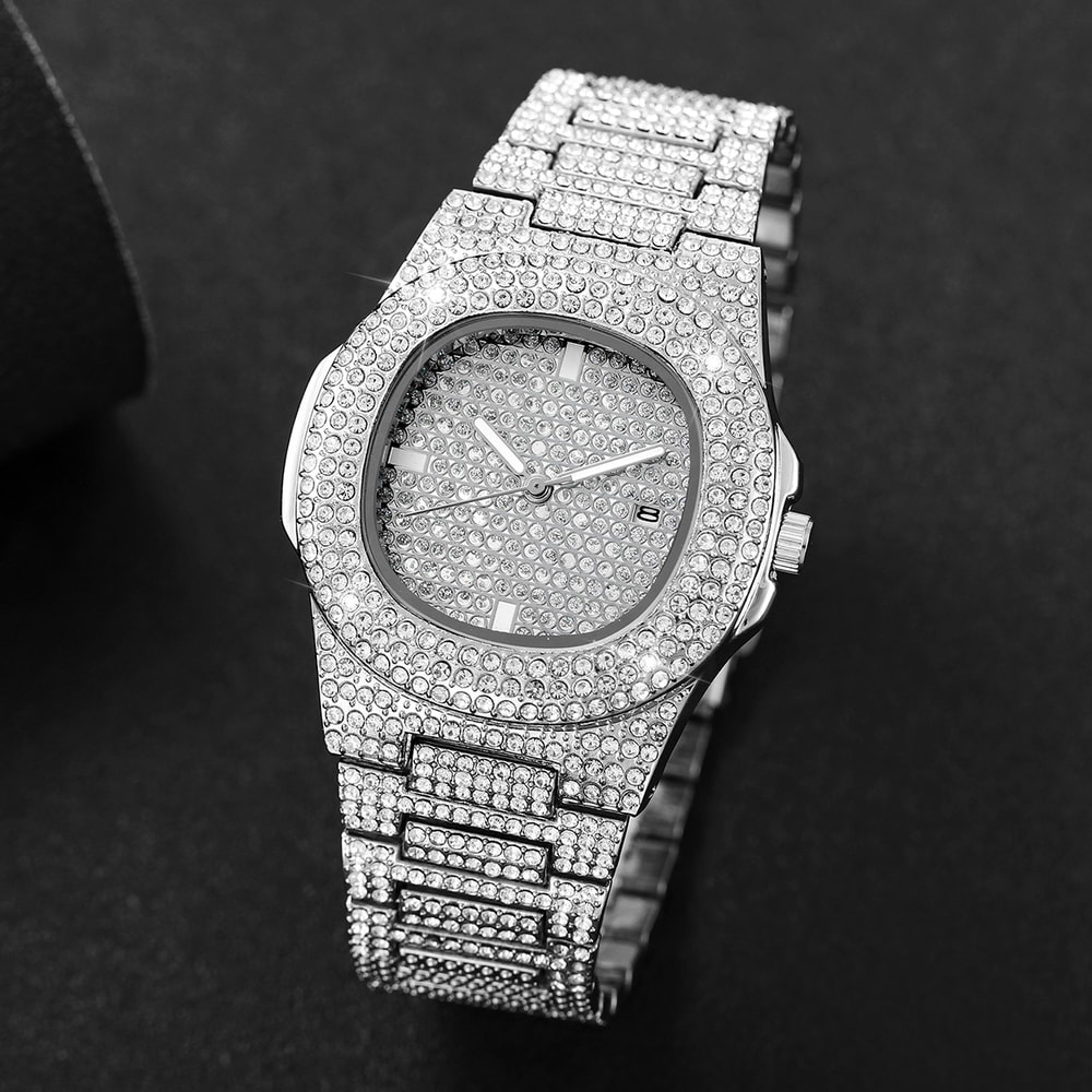 Luxury Diamond Stainless Steel Quartz Watch For Men With Calendar 0