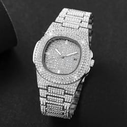 luxury diamond stainless steel quartz watch for men with calendar